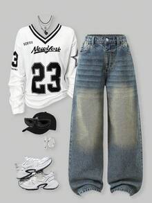 SHEIN ChillGRL Denimly Girls' West Wild Preppy Outdoorsy Style Elastic Waist Zipper Fly Jeans, Vintage Washed Casual Streetwear Outdoor Commute Item Fall Winter