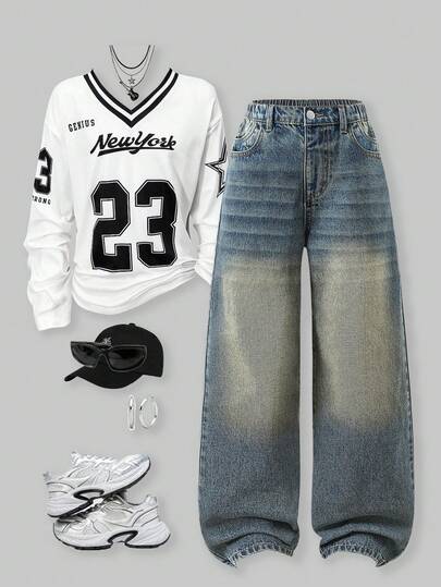 SHEIN ChillGRL Denimly 女童 West Wild 学院风户外风格松紧腰拉链牛仔裤，复古水洗休闲街头风户外通勤单品