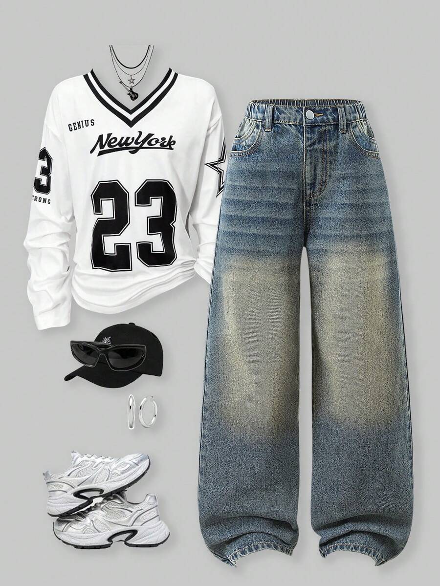 SHEIN ChillGRL Denimly Girls' West Wild Preppy Outdoorsy Style Elastic Waist Zipper Fly Jeans, Vintage Washed Casual Streetwear Outdoor Commute Item Fall Winter