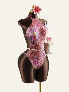 Zestiva 女士系带露背修身连体泳衣，沙滩度假比基尼，2026夏季腰果花卉印花，适合夏季海滩度假、约会、下午茶、西式、邮轮、海滩、海岛、公路旅行、四季皆宜、音乐节、波西米亚风度假、秋日休闲、西部波西米亚风、豹纹猎豹印花花卉泳衣，粉色芙蓉花泳衣，粉色花卉 - 彩色 - 查看 4