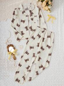 Sparklyn 2pcs Girls Beige Cute Bear Print Long Sleeve Cardigan And Pants Set, Casual And Comfortable Loungewear Bear Pajamas - Apricot - View 4