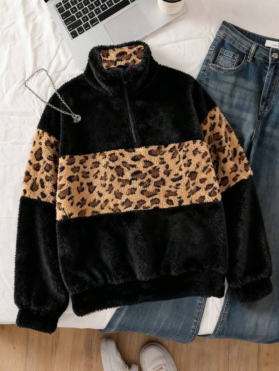 Teen Girl Contrast Color Block Loose Fit Half-Zip Raglan Jacket Fall Winter - Multicolor - View 1