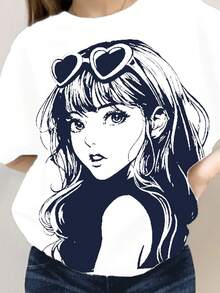 SHEIN Leap Crew 两件套少女休闲简约黑白印花短袖宽松T恤和喇叭裤套装，适合夏季穿着 - 白色 - 查看 3