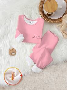 2 peças/Conjunto Macacão e Calça de Malha Elástica de Tecido Peludo Espessado com Gola Redonda e Manga Longa, Conjunto de Roupa de Casa para Meninas Jovens no Inverno - Multicolorido - Visão 3