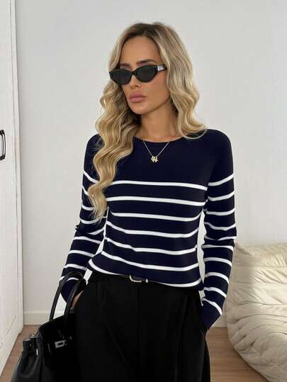 Easowa Black & White Striped Long Sleeve Sweater For Women, Warm And Fashionable For Fall/Winter Back To School