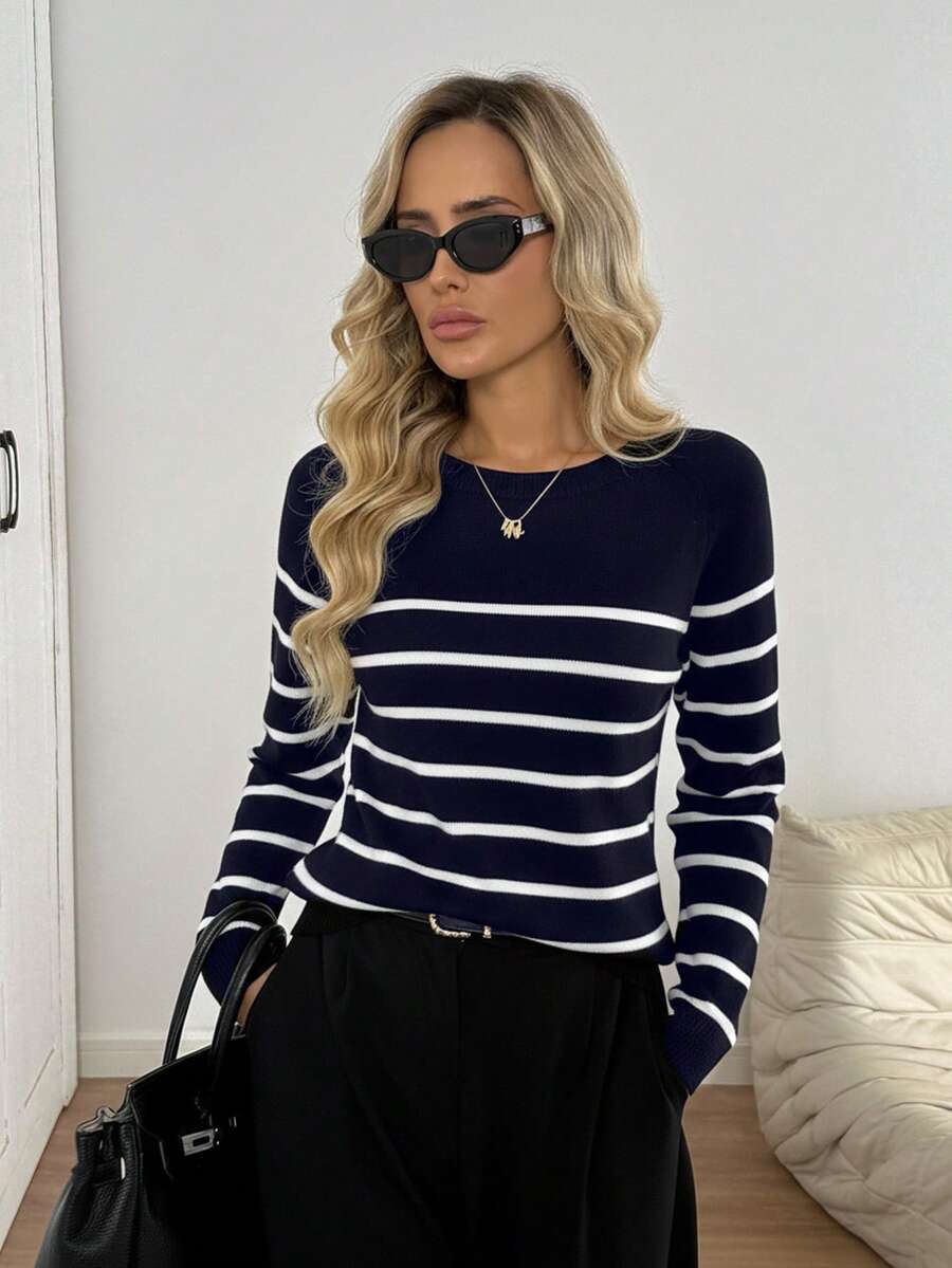 Easowa Black & White Striped Long Sleeve Sweater For Women, Warm And Fashionable For Fall/Winter Back To School - Navy Blue - View 1