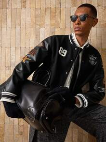 AKNOTIC 男士数字刺绣长袖单排扣休闲棒球夹克 - 黑色 - 查看 7