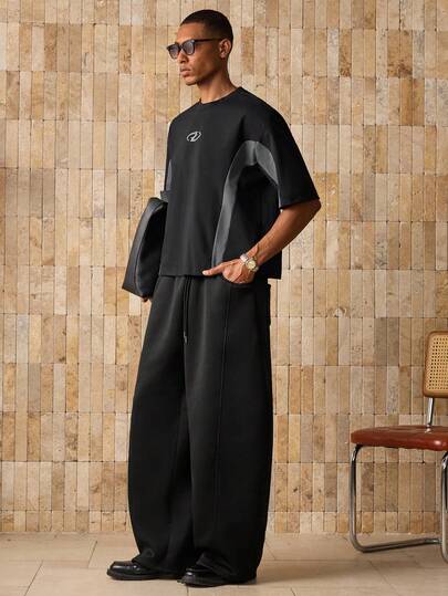 AXEPEAK Men's Knit Casual Loose Short Sleeve Patchwork T-Shirt, Daily Wear, Streetwear Ready