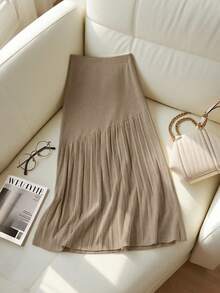 Franclia New Pleated Patchwork Knitted High Waist Slimming Midi A-Line Skirt, Casual Women Sweater Skirt - Brown - View 2