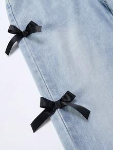 SHEIN ChillGRL 2pcs/Set Loose Casual Asymmetric Shoulder Strap Long Sleeve Printed Top Paired With Flared Jeans Pants Bow Design Outfit, Suitable For Daily, Commute, Casual, Vacation, Gathering With Friends, Street Style