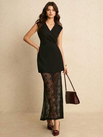 Poéselle Black Wrap Mini Dress With Sheer Lace Maxi Overlay For Women, V-Neck Sleeveless Elegant Cocktail & Evening Dress,Women's Solid Color Crossover Wrap Sleeveless Lace Patchwork Cinched Waist Dress,Black Lace Dress Women, Sheer Lace Maxi Dress, Wrap V Neck Dress, Elegant Cocktail Dress, Layering Lace Skirt Dress, Chic Date Night Outfit, Minimalist Evening Dress, Black Dress Women Formal Black Dress Classy Elegant Bodycon Maxi Dress Women,Black Dresses For Women Elegant Dress