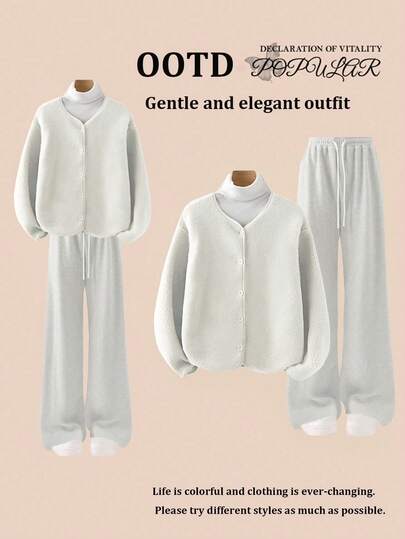 Franclia 女士纯色长袖单排扣外套和裤子休闲冬季套装