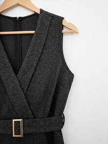 GlowEve 女士休闲无袖V领人字纹面料连体裤，适合居家穿着，秋冬季 - 黑色 - 查看 4