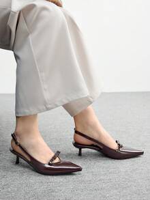 CUCCOO BIZCHIC 女士优雅时尚咖啡色PU尖头蝴蝶结镂空细高跟凉鞋 - 咖啡棕 - 查看 5