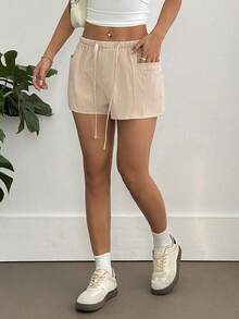 Flirla 女士休闲裤，侧边口袋，抽绳腰带，简约百搭，适合日常穿着，夏季款 - 杏色 - 查看 1