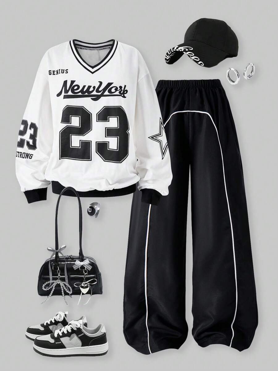 SHEIN ChillGRL 青少年女孩 V 领字母印花运动衫和工装裤休闲两件套