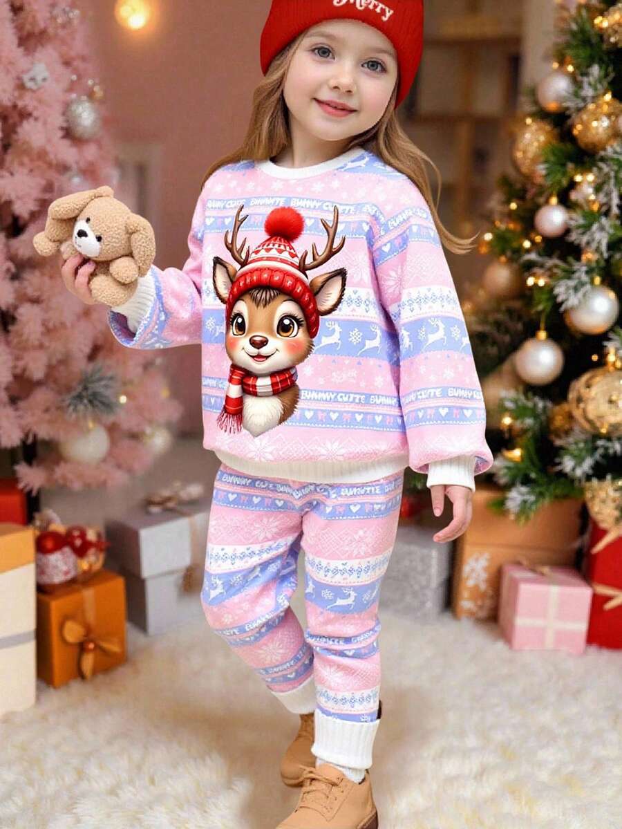 Ensemble Sweat-shirt col rond + leggings pour jeunes filles, motif de renne et flocon de neige de Noël, convient pour l'automne et l'hiver, décontracté et mignon, mode polyvalente - Multicolore - Voir 1