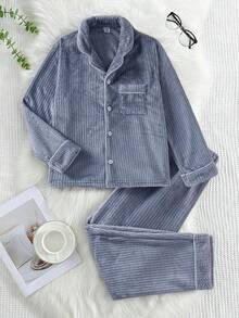 2 件套青少年男童海军蓝毛绒领开衫和裤子舒适家居服套装 - 深灰色 - 查看 3