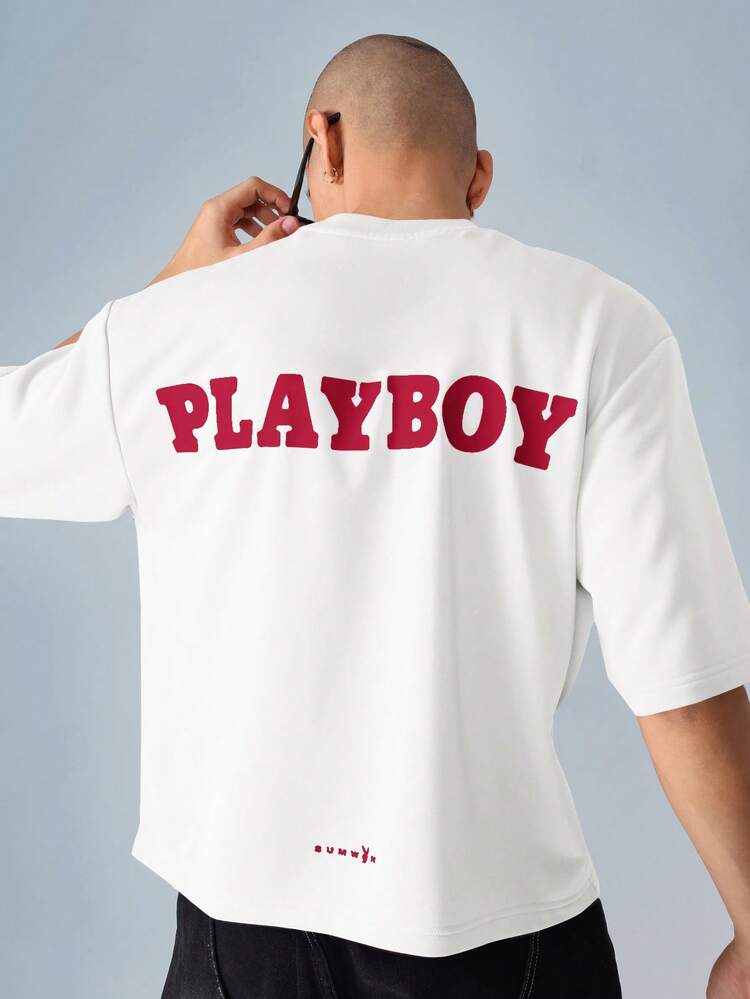 PLAYBOY X SUMWON Logo Print Crop Short Sleeve T-Shirt With Back Letter Graphic