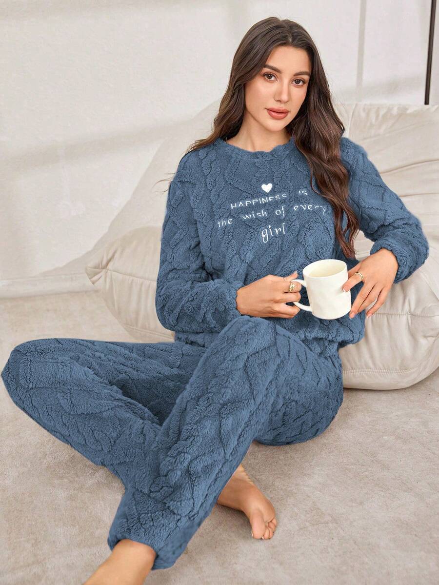 Letter Embroidery Jacquard Plush Women Lounge Set, Fluffy Winter Clothes Cozy Sets Women Pajamas Women 2 Piece Set Women Pajamas Set Comfy Pajamas Set - Blue - View 1