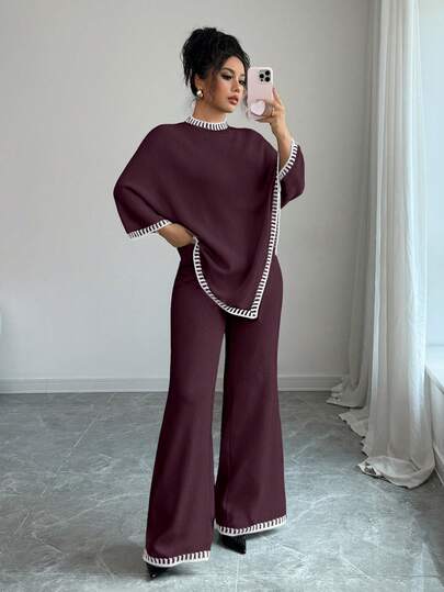 Elenzga Women's Casual Loose Poncho Design Top And Loose Contrast Color Pants Knit Two Pieces Set