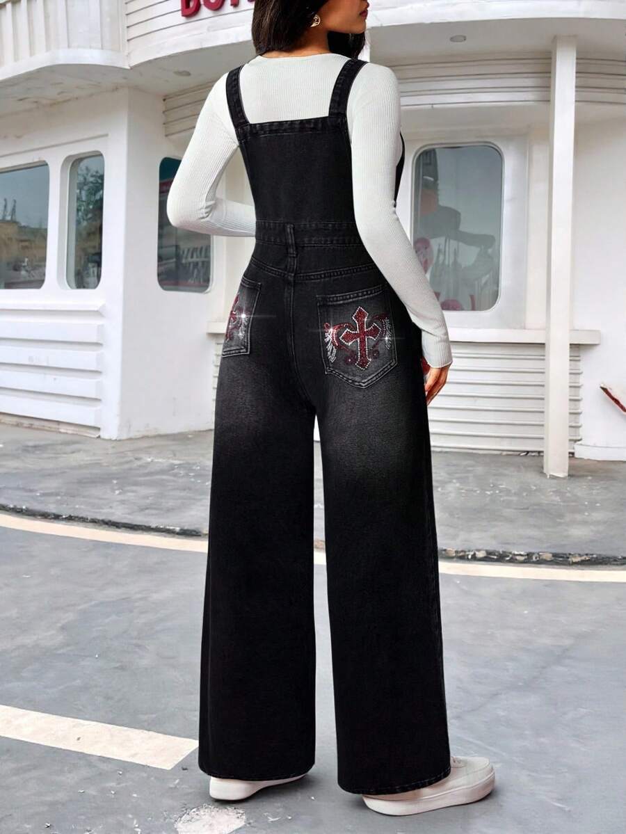SHEIN 少女闪亮红白十字水钻装饰宽松黑色牛仔背带裤 - 黑色 - 查看 1
