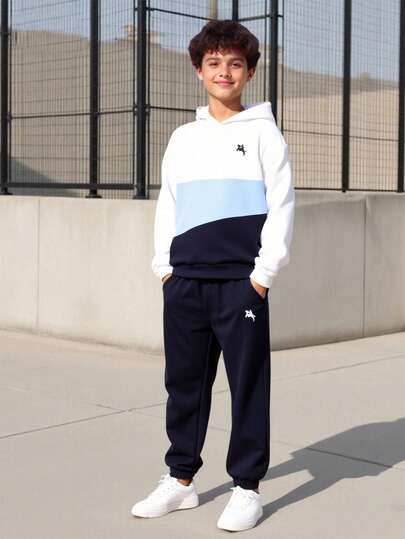  Vacaura Boy 2pcs AW Outfit: Contrast Color Round Neck Long Sleeve Sweatshirt Paired With Casual Sports Jogger Pants, Suitable For Outdoor, Commute, Daily Wear