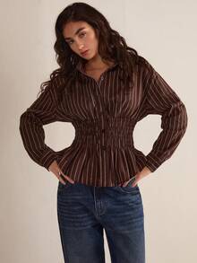 Easelle 棕色条纹梭织女式褶皱长袖落肩时尚纽扣前襟衬衫 - 棕色 - 查看 6