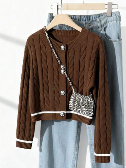 SHEIN 1 pieza Cárdigan para niñas, textura de punto de cable de cuello redondo, ajuste delgado de estilo casual marrón, grosor regular, dobladillo y puños ordenados, ajuste suave y cómodo amigable con la piel, adecuado para uso diario, escuela, salidas en otoño/invierno