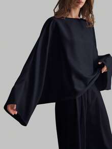 Ontre Women's Satin Off-Shoulder Oversized Sleeve Minimalist Elegant Business Casual Blouse, Autumn/Winter - Navy Blue - View 2