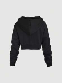 SHEIN Unity 女士纯色简约休闲短款拉链黑色连帽运动衫，长袖毕业连帽衫，返校，毕业，教师，返校