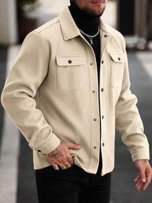 Manfinity Homme 男士纯色常规肩宽长袖前开襟羊毛混纺休闲外套 - 杏色 - 查看 3