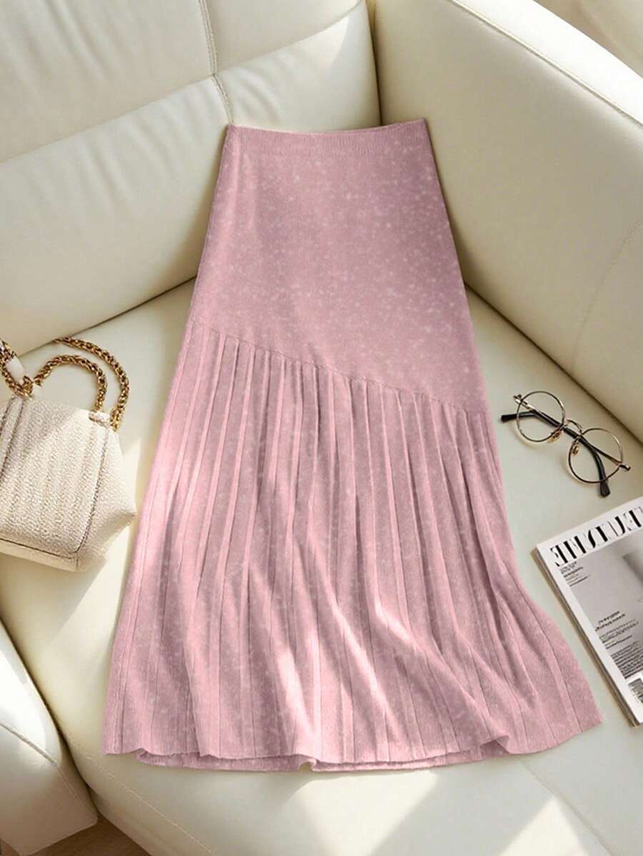 Franclia Ny plisserad lapptäckeskjol, bantningsklänning med hög midja, A-linjeformad kjol för kvinnor - Dammrosa - Visa 1