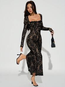 SHEIN PETITE 女士新款夏季派对约会晚宴性感S型蕾丝长袖罩杯鱼骨方领紧身黑色长裙舞会礼服，锐舞派对节服 - 黑色 - 查看 7