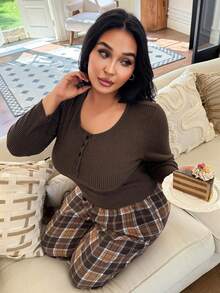 SHEIN Plus Size Casual Sexy Solid Color Button Long Sleeve Top & Plaid Pants PJS Curve Two Piece Set Plus Size Lounge Set Plus Size 2 Piece Set Brown Pj Set - Multicolor - View 3