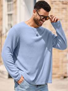 EASEVO Plus Size Men's Casual Loose Fit Solid Color Crew Neck Long Sleeve T-Shirt - Baby Blue - View 3