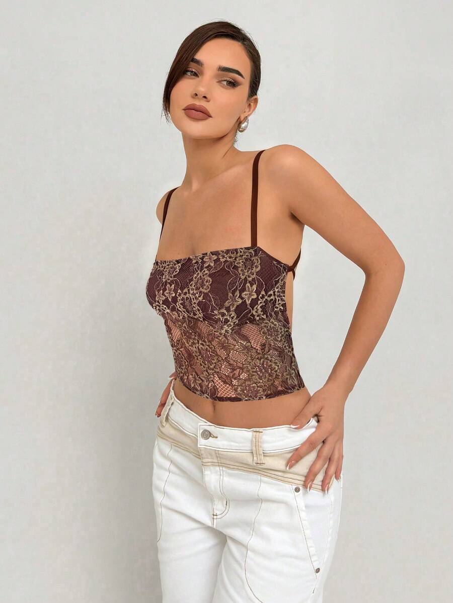 Aloruh 浪漫系领露背蕾丝白色吊带背心（女士款） - 棕色 - 查看 1