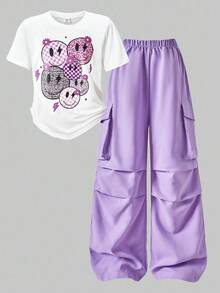 SHEIN ChillGRL 2 件套青少年女孩字母印花圆领 T 恤 + 工装裤，休闲街头风格 - 紫色 - 查看 4