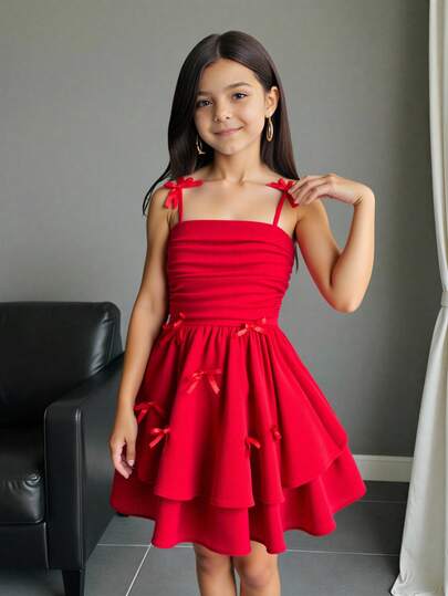 SHEIN Firerie Kids Tween Girl Ruched Ruffle Hem Sleeveless Dress With Cute Bow Decor, Casual Chiffon Dress Suitable For Birthday Party, Gathering, Wedding, Mother-Daughter, Sister Matching