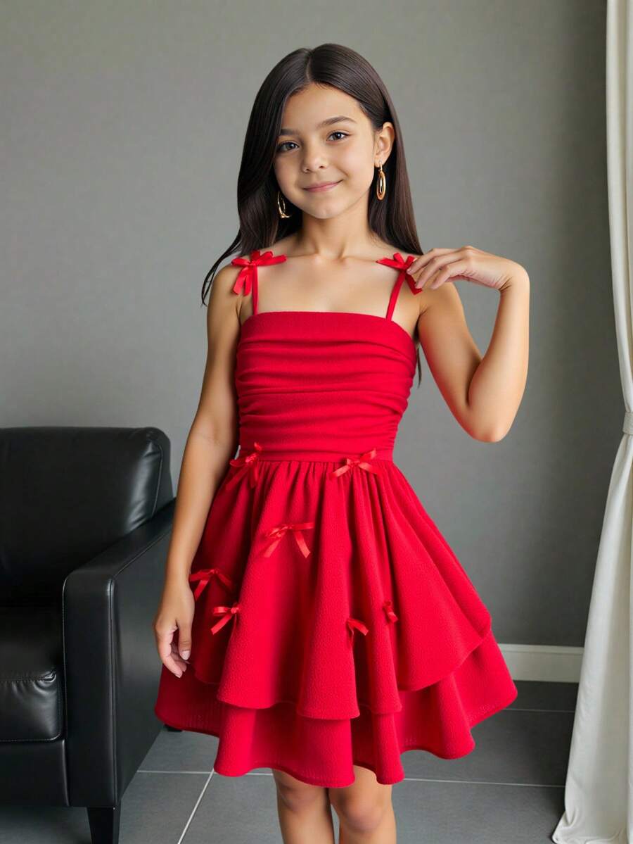 SHEIN Firerie Kids Váy không tay nhún bèo viền bèo nhún cho bé gái tuổi mới lớn có nơ trang trí dễ thương, váy voan thường ngày thích hợp cho tiệc sinh nhật, tụ tập, đám cưới, mẹ con gái, chị em gái - Đỏ - Xem 1