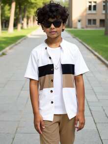 SHEIN 2pcs/Set Tween Boy Collegiate Style Color Block Shirt And Shorts Set - Multicolor - View 3