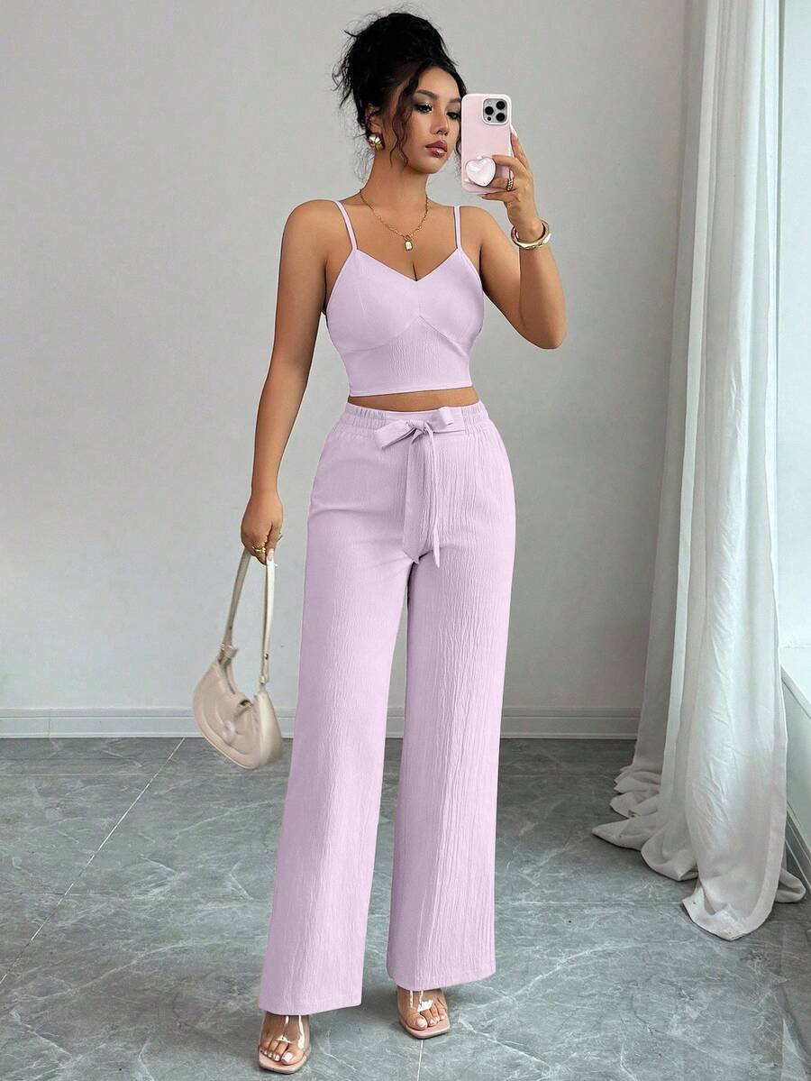 SHEIN PETITE 女士休闲纯色高腰吊带背心和阔腿裤套装 - 淡紫色 - 查看 1