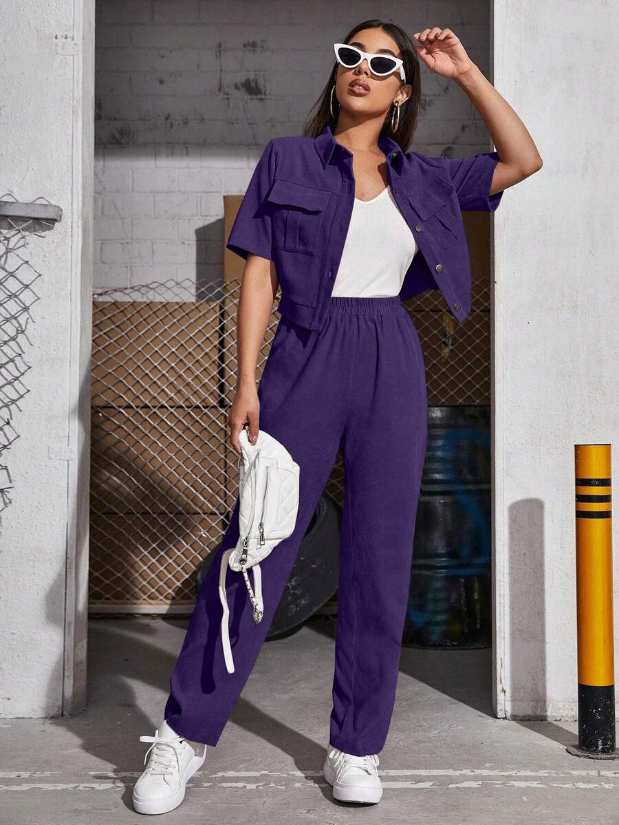 Modelyn Women's Short Sleeve Workwear Pocket Shirt And Pants Set 2 Pieces Set - Purple - View 1