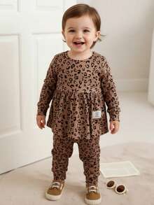 SHEIN Baby GirlCasual Chic Leopard Print Round Neck Long Sleeve Loose Top + Leopard Print Loose Knit Pants 2-Piece Set, Autumn/Winter - Brown - View 4