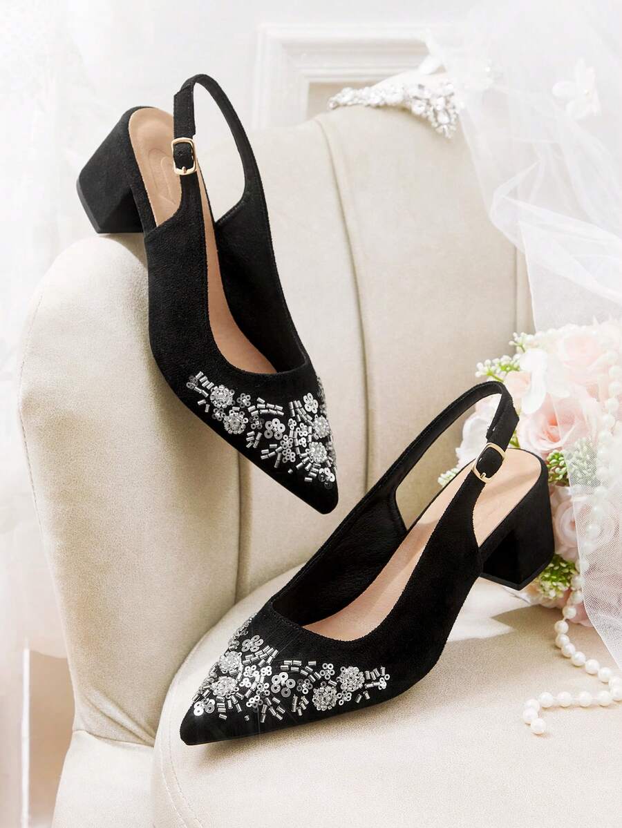CUCCOO HITCHD Women's Pointed Toe Sequin Design Buckle Closure Elegant High Heels - Black - View 1