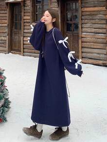 DAZY Robe mi-longue avec décoration de nœud pour femmes, automne/hiver