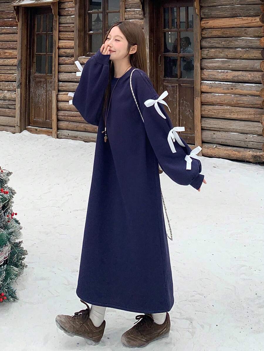 DAZY Robe mi-longue avec décoration de nœud pour femmes, automne/hiver