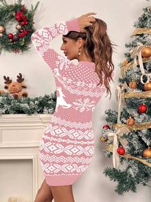 EMERY ROSE Women's Snowflake Pattern Fitted Knit Christmas Dress - Baby Pink - View 2