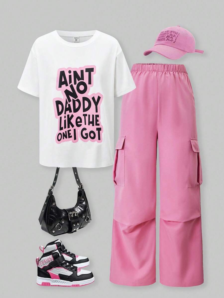 SHEIN ChillGRL 2pcs/Set Teen Girls'' Graphic Print Pullover T-Shirt And Patch Pocket Cargo Pants Set - Pink - View 1