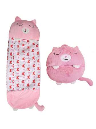 1件装卡通粉色猫咪睡袋 - 男女通用旅行露营睡袋，多季节居家户外适用，便携轻巧设计，无保暖层 - 趣味睡眠装备